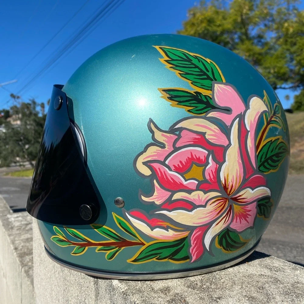 Hand Painted Rose Floral Biltwell Gringo Seafoam Green Motorcycle Helmet Size M - Picture 1 of 5